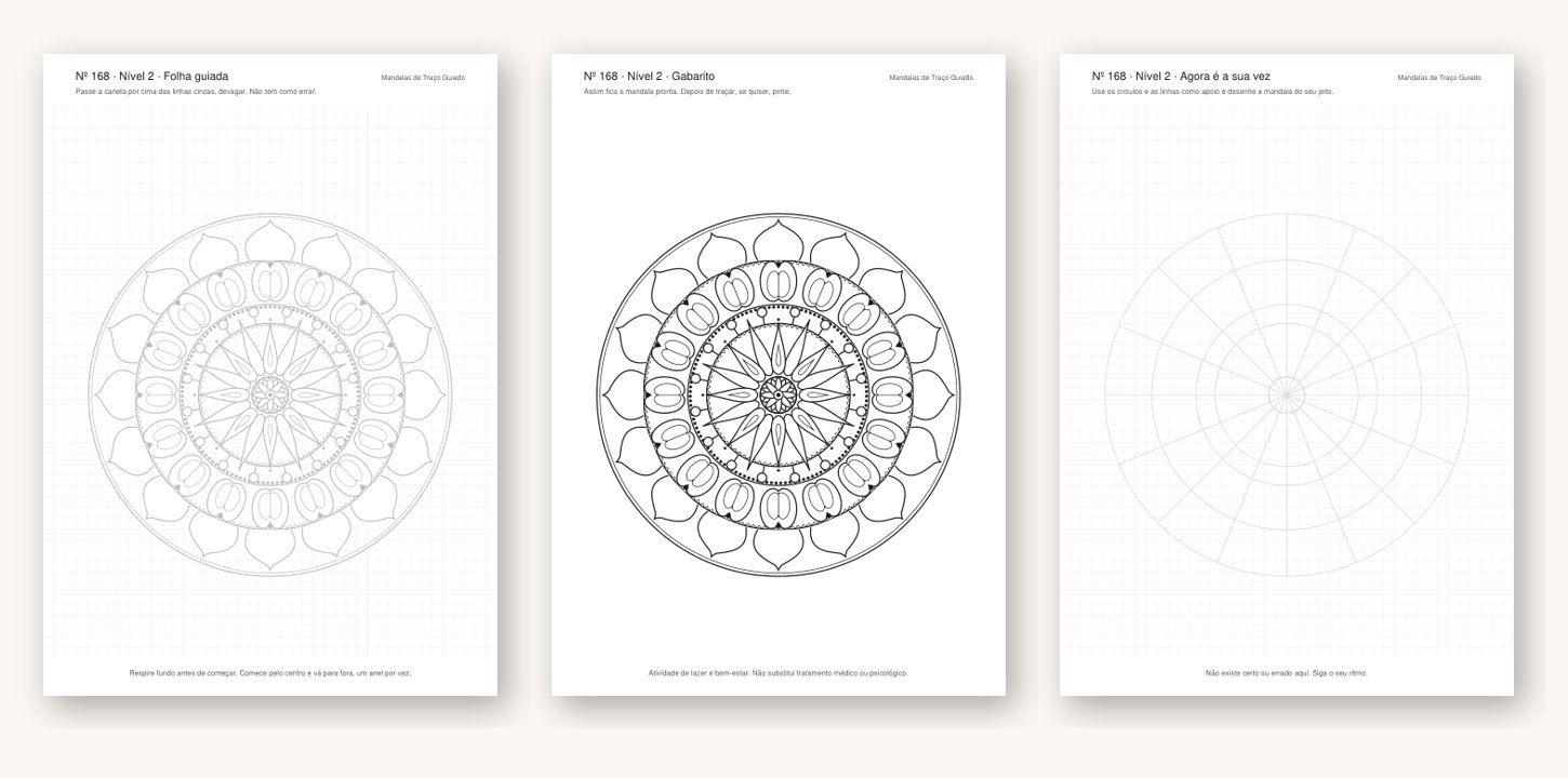 As três folhas de cada mandala: guiada, gabarito e à mão livre