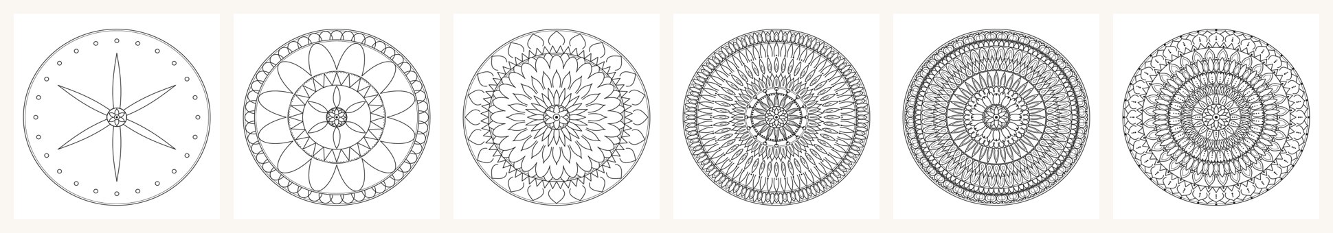 Seis mandalas, do nível 0 (simples) ao nível 5 (muito detalhada)